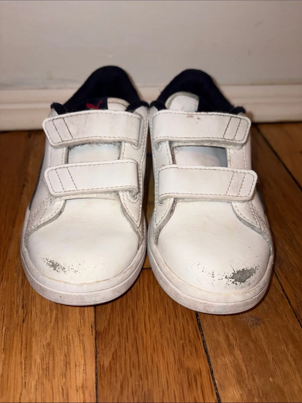 Kids Puma White Velcro Sneakers with Navy Accents
